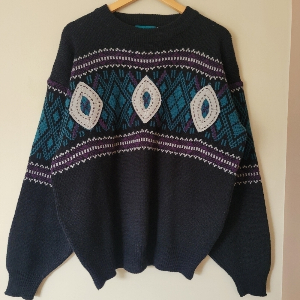 Vintage 90s Knit Grunge Oversized Grandpa Sweater Black Geometric Size Medium